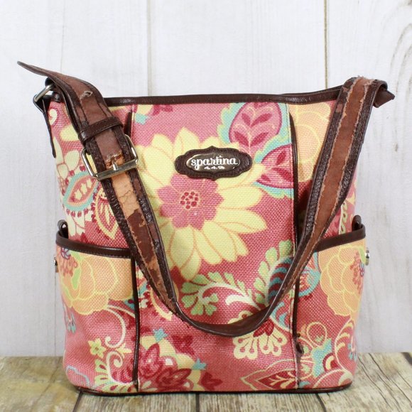 Spartina Pink Floral Canvas Brown Leather Trim Lined Shoulder Bag Size OS - Picture 2 of 12